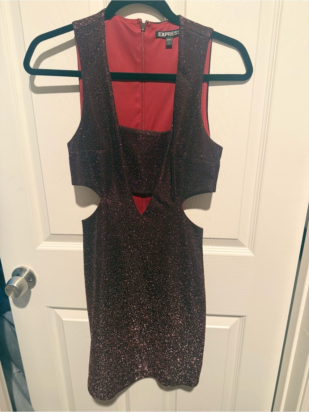 Express Glitter Cutout Mini Dress in Sparkling Dark Red